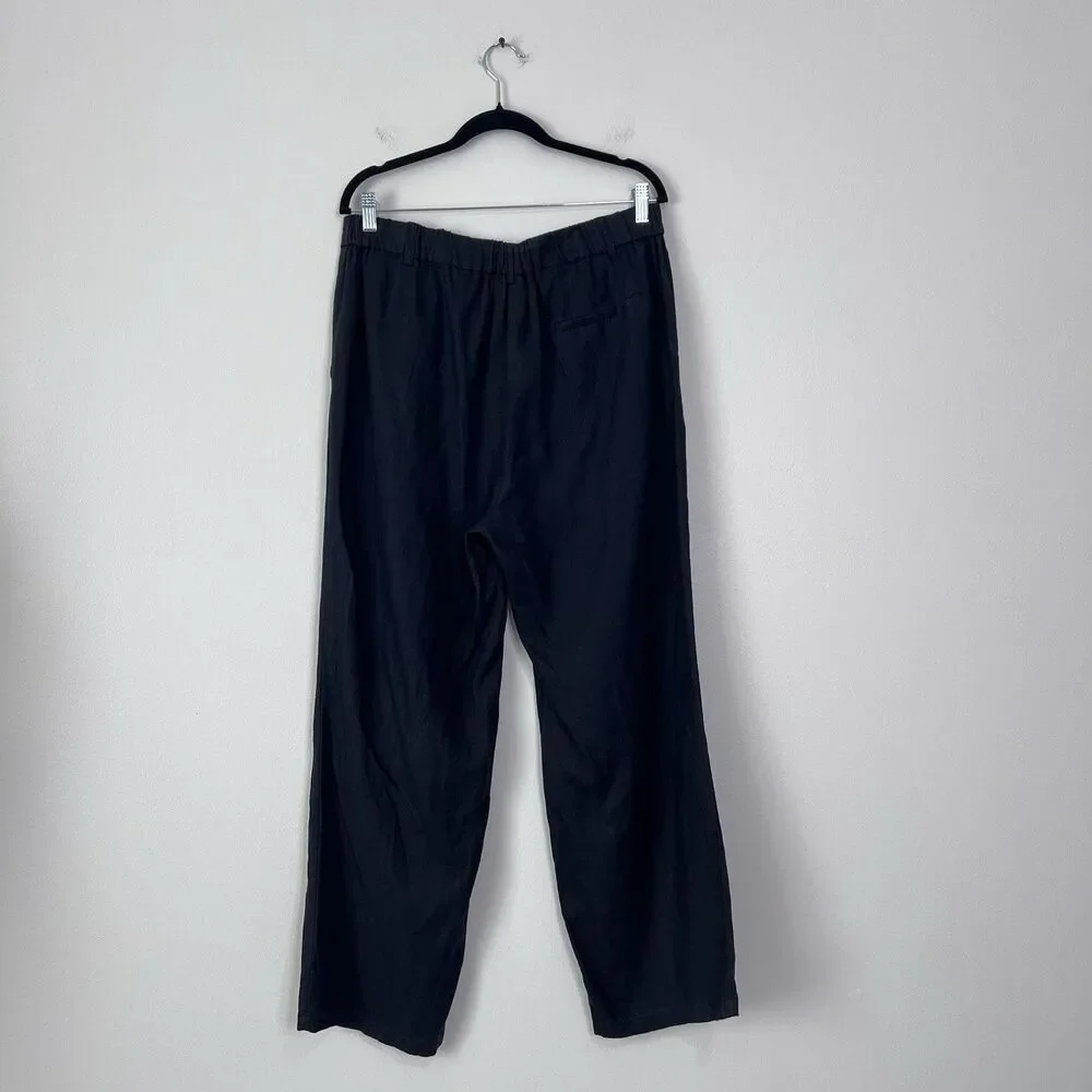 Quince 100% European Linen Pleated Trousers Black Size 14 Wide Leg High Rise